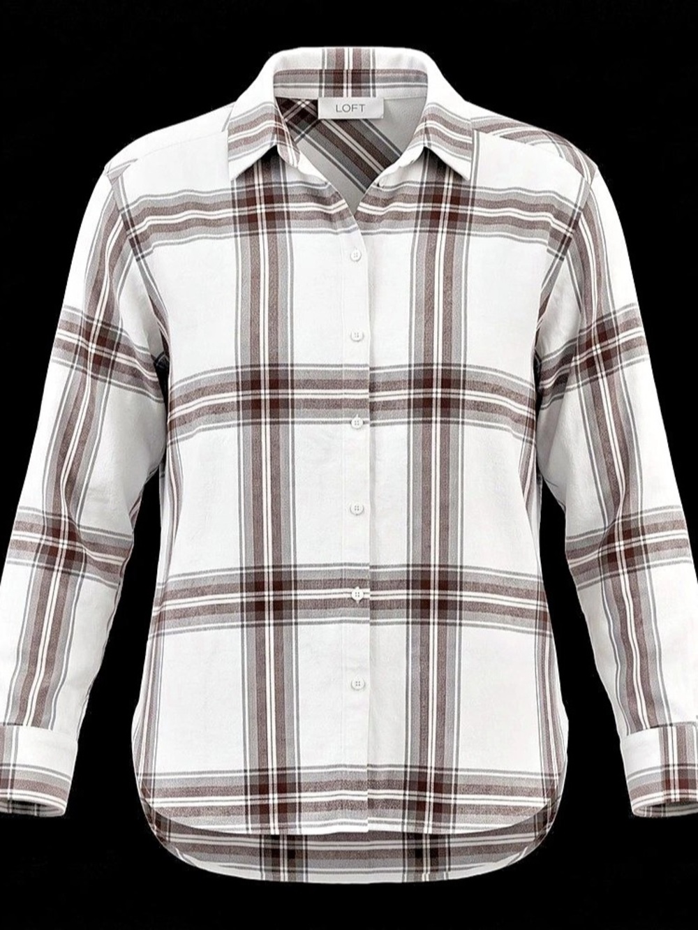 Loft | White & Brown Plaid Button Down Cotton Long Sleeve Top | Size Med Petite